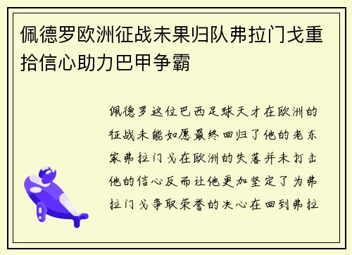 佩德罗欧洲征战未果归队弗拉门戈重拾信心助力巴甲争霸 佩德罗欧洲征战未果归队弗拉门戈重拾信心助力巴甲争霸